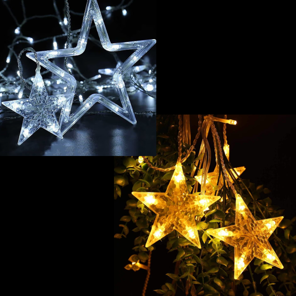 Perdea Luminoasă Crăciun, 12 Stele Interconectabile, 3 Metri, 8 Jocuri de Lumini (Alb Cald/Alb Rece)