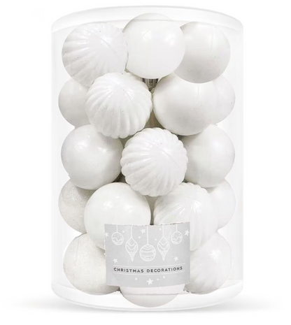 Set Premium Globuri de Crăciun (20 Bucăți), 6 cm, 5 Texturi Mixte, Culoare Alb Imaculat