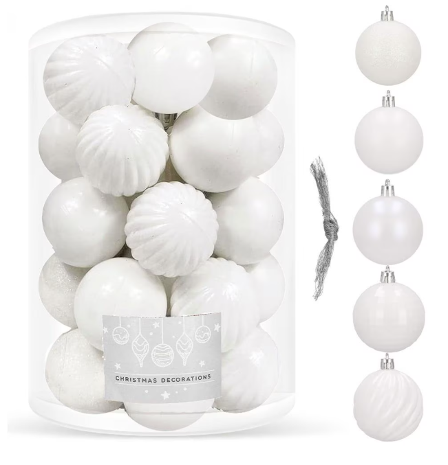 Set Premium Globuri de Crăciun (20 Bucăți), 6 cm, 5 Texturi Mixte, Culoare Alb Imaculat