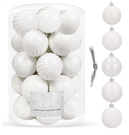 Set Premium Globuri de Crăciun (20 Bucăți), 6 cm, 5 Texturi Mixte, Culoare Alb Imaculat