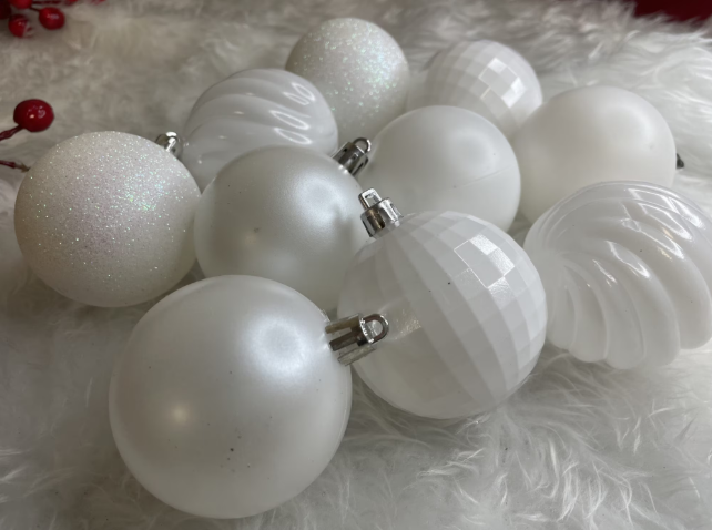 Set Premium Globuri de Crăciun (20 Bucăți), 6 cm, 5 Texturi Mixte, Culoare Alb Imaculat