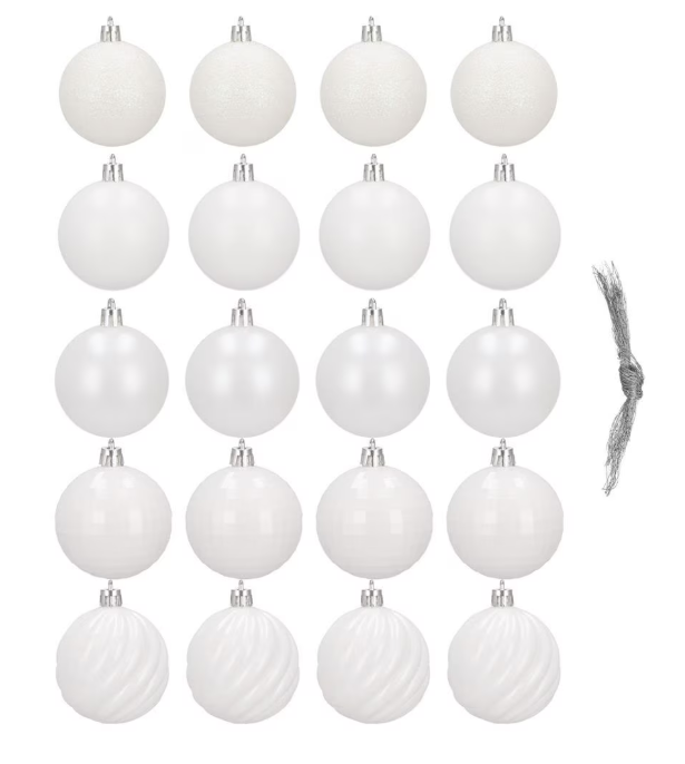 Set Premium Globuri de Crăciun (20 Bucăți), 6 cm, 5 Texturi Mixte, Culoare Alb Imaculat