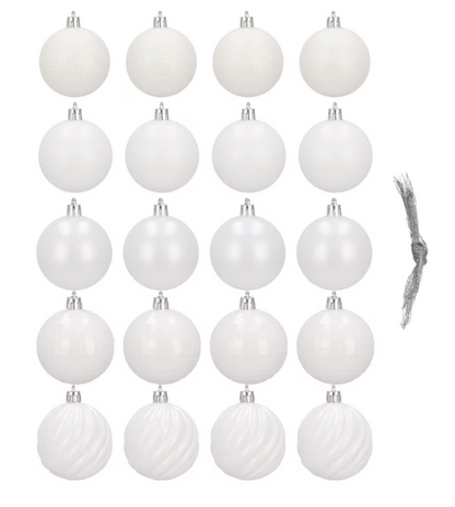Set Premium Globuri de Crăciun (20 Bucăți), 6 cm, 5 Texturi Mixte, Culoare Alb Imaculat