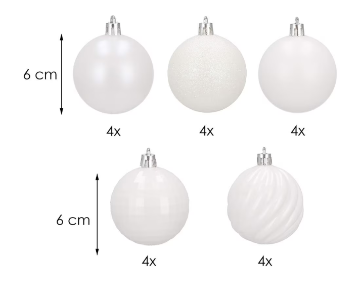 Set Premium Globuri de Crăciun (20 Bucăți), 6 cm, 5 Texturi Mixte, Culoare Alb Imaculat