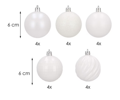 Set Premium Globuri de Crăciun (20 Bucăți), 6 cm, 5 Texturi Mixte, Culoare Alb Imaculat