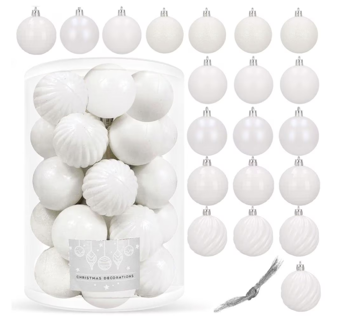 Set Premium Globuri de Crăciun (20 Bucăți), 6 cm, 5 Texturi Mixte, Culoare Alb Imaculat