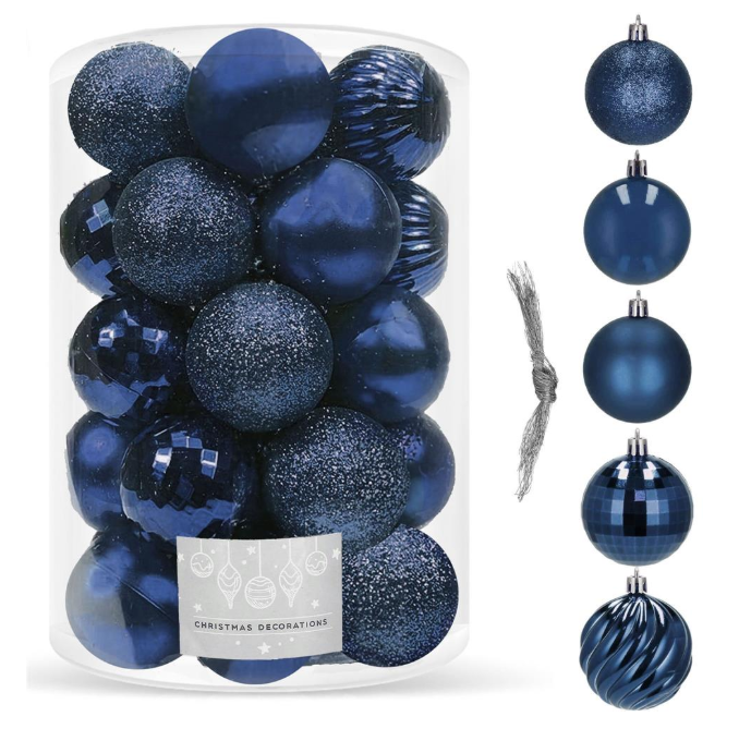 Set Premium Globuri de Crăciun (20 Bucăți), 6 cm, 5 Texturi Mixte, Culoare Albastru Închis