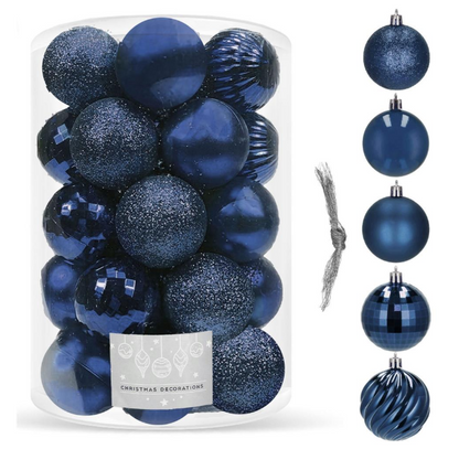 Set Premium Globuri de Crăciun (20 Bucăți), 6 cm, 5 Texturi Mixte, Culoare Albastru Închis