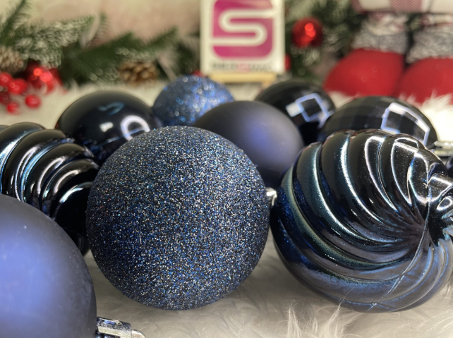 Set Premium Globuri de Crăciun (20 Bucăți), 6 cm, 5 Texturi Mixte, Culoare Albastru Închis