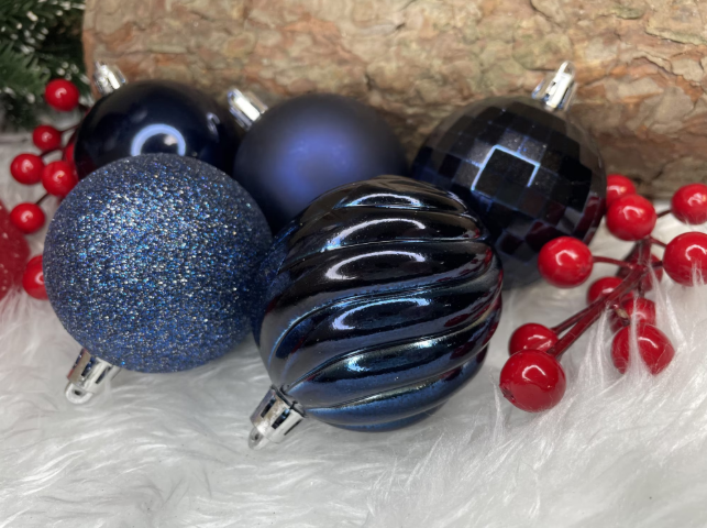 Set Premium Globuri de Crăciun (20 Bucăți), 6 cm, 5 Texturi Mixte, Culoare Albastru Închis