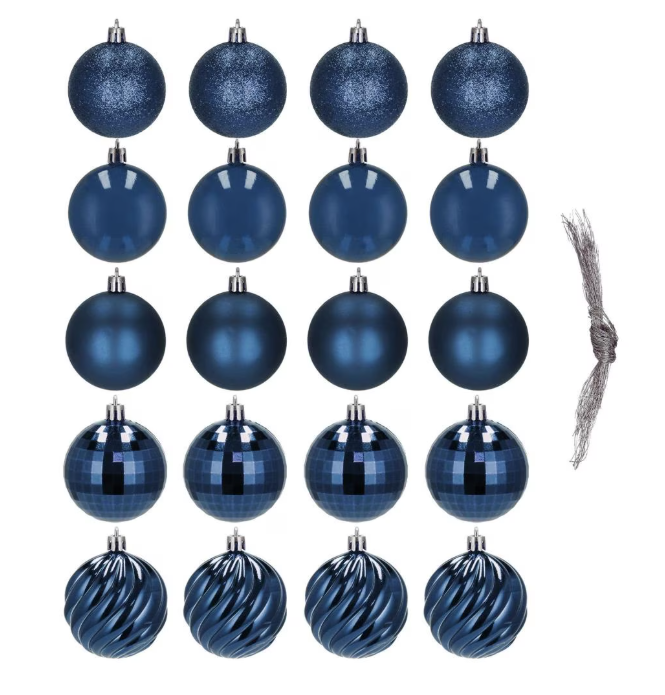 Set Premium Globuri de Crăciun (20 Bucăți), 6 cm, 5 Texturi Mixte, Culoare Albastru Închis