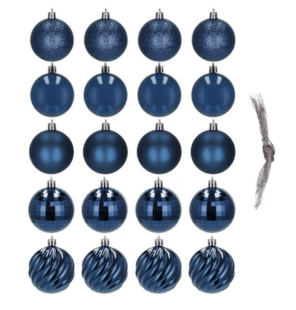 Set Premium Globuri de Crăciun (20 Bucăți), 6 cm, 5 Texturi Mixte, Culoare Albastru Închis