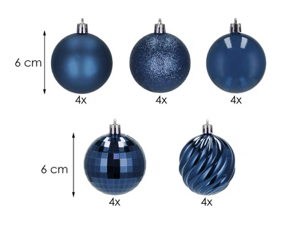 Set Premium Globuri de Crăciun (20 Bucăți), 6 cm, 5 Texturi Mixte, Culoare Albastru Închis