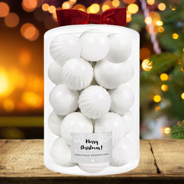 Set Premium Globuri de Crăciun (20 Bucăți), 6 cm, 5 Texturi Mixte, Culoare Alb Imaculat