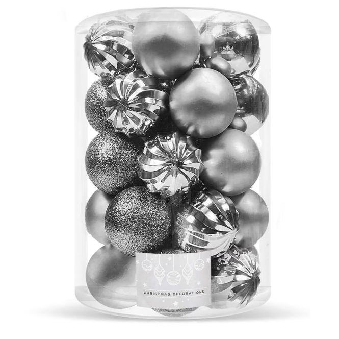 Set Premium Globuri de Crăciun (20 Bucăți), 6 cm, 5 Texturi Mixte, Culoare Argintiu