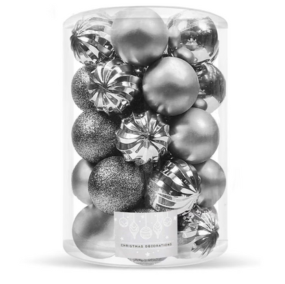 Set Premium Globuri de Crăciun (20 Bucăți), 6 cm, 5 Texturi Mixte, Culoare Argintiu