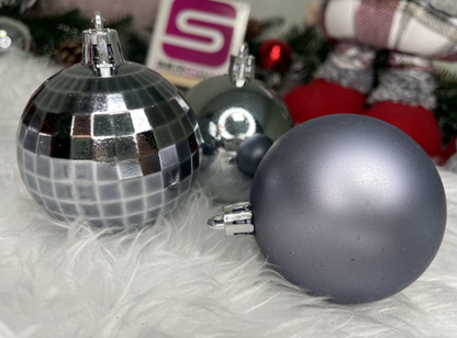 Set Premium Globuri de Crăciun (20 Bucăți), 6 cm, 5 Texturi Mixte, Culoare Argintiu