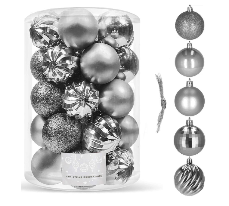 Set Premium Globuri de Crăciun (20 Bucăți), 6 cm, 5 Texturi Mixte, Culoare Argintiu