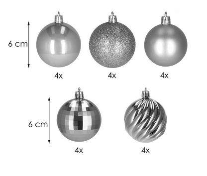 Set Premium Globuri de Crăciun (20 Bucăți), 6 cm, 5 Texturi Mixte, Culoare Argintiu