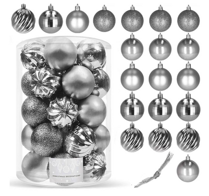 Set Premium Globuri de Crăciun (20 Bucăți), 6 cm, 5 Texturi Mixte, Culoare Argintiu
