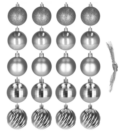 Set Premium Globuri de Crăciun (20 Bucăți), 6 cm, 5 Texturi Mixte, Culoare Argintiu