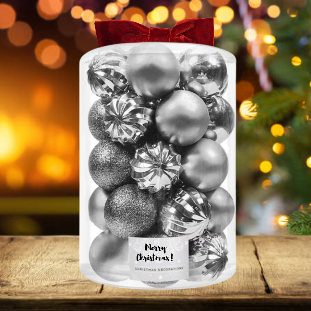 Set Premium Globuri de Crăciun (20 Bucăți), 6 cm, 5 Texturi Mixte, Culoare Argintiu