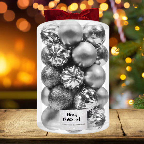 Set Premium Globuri de Crăciun (20 Bucăți), 6 cm, 5 Texturi Mixte, Culoare Argintiu