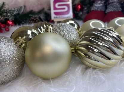 Set Premium Globuri de Crăciun (20 Bucăți), 6 cm, 5 Texturi Mixte, Culoare Auriu