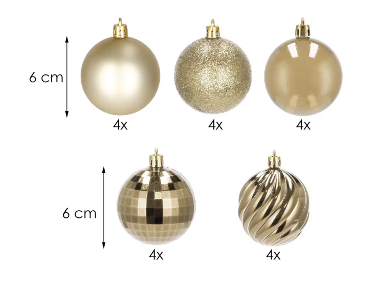 Set Premium Globuri de Crăciun (20 Bucăți), 6 cm, 5 Texturi Mixte, Culoare Auriu