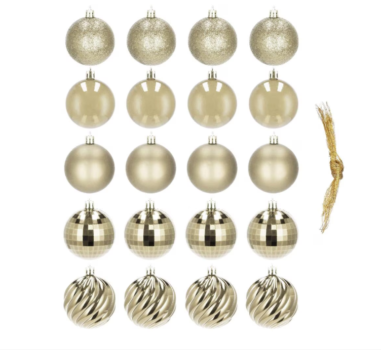 Set Premium Globuri de Crăciun (20 Bucăți), 6 cm, 5 Texturi Mixte, Culoare Auriu
