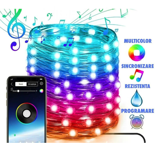 Instalație Smart de Crăciun RGB, 10 Metri, 110 LED-uri, Fir Cupru, Control APP & Bluetooth (Waterproof)