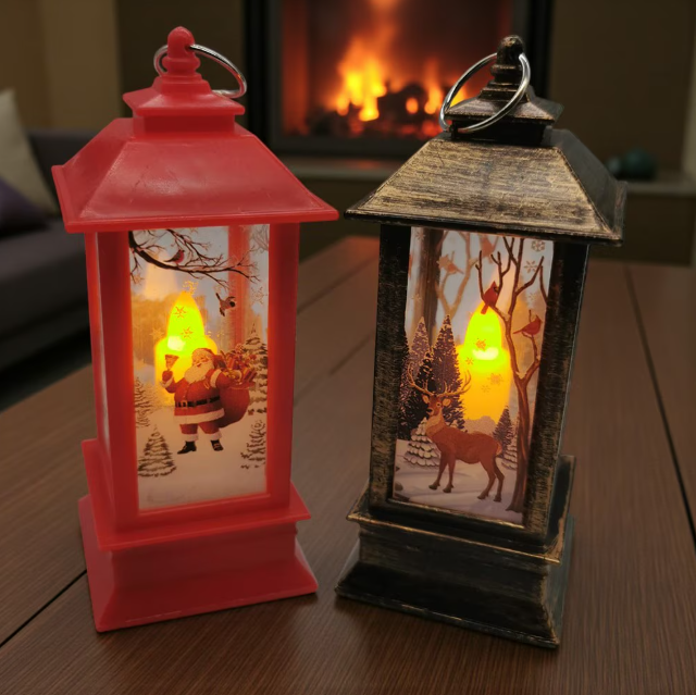 Set 2 Felinare de Crăciun LED (Alb Cald Sclipitor), 13 cm, Suspendabile, Design Vintage (Roșu/Bronz sau Alb/Argintiu)