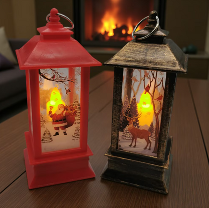 Set 2 Felinare de Crăciun LED (Alb Cald Sclipitor), 13 cm, Suspendabile, Design Vintage (Roșu/Bronz sau Alb/Argintiu)