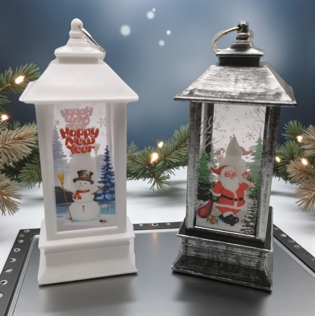 Set 2 Felinare de Crăciun LED (Alb Cald Sclipitor), 13 cm, Suspendabile, Design Vintage (Roșu/Bronz sau Alb/Argintiu)