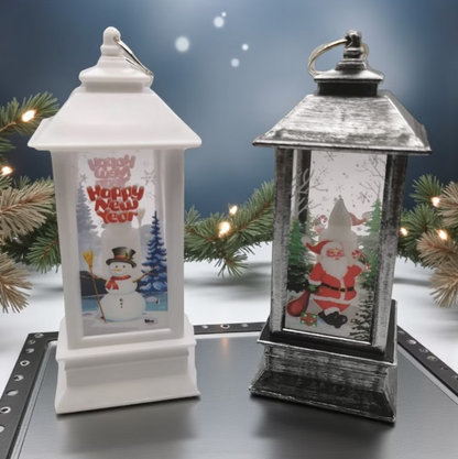 Set 2 Felinare de Crăciun LED (Alb Cald Sclipitor), 13 cm, Suspendabile, Design Vintage (Roșu/Bronz sau Alb/Argintiu)