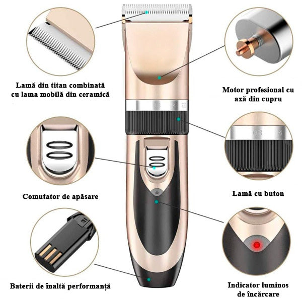 Mașină de Tuns Animale Profesională, Lamă Ceramică/Titan, Reîncărcabilă, Motor Silențios