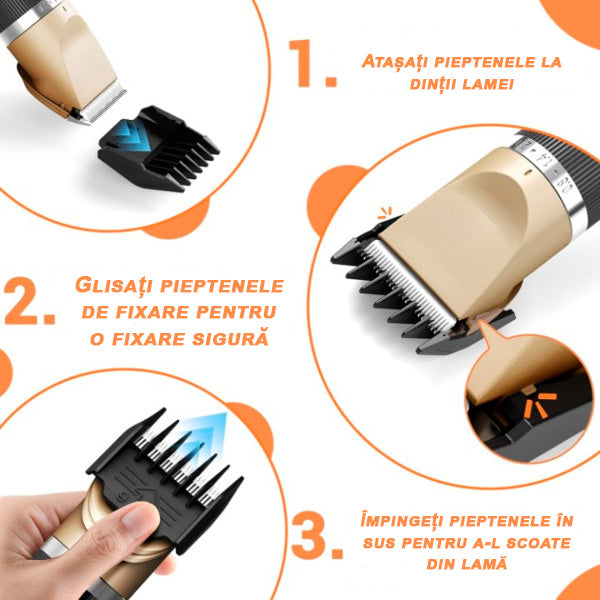 Mașină de Tuns Animale Profesională, Lamă Ceramică/Titan, Reîncărcabilă, Motor Silențios