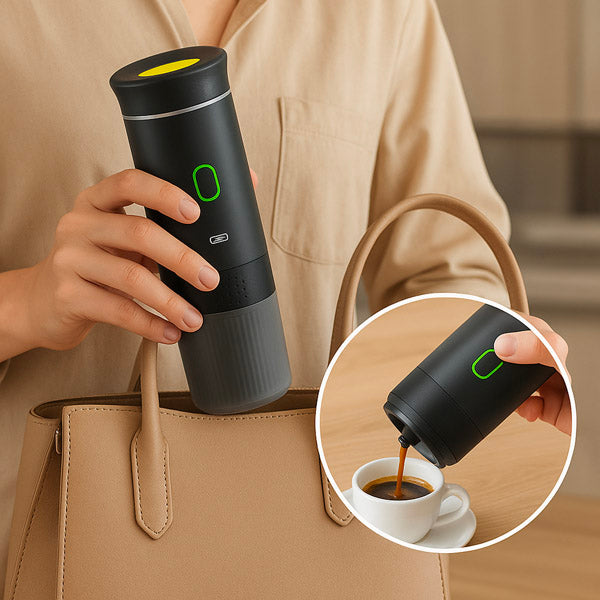 Espressor Portabil Premium 3-în-1 cu Auto-Încălzire, Presiune 20 Bari, Baterie 7500 mAh (USB-C)