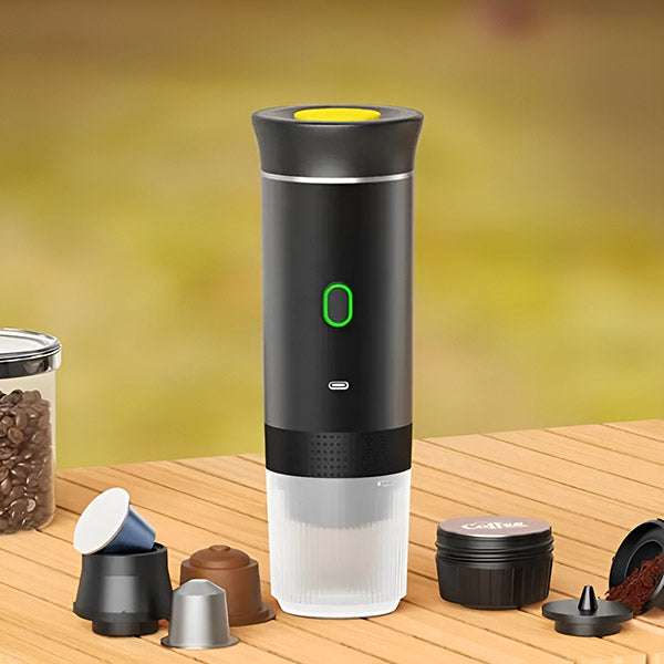 Espressor Portabil Premium 3-în-1 cu Auto-Încălzire, Presiune 20 Bari, Baterie 7500 mAh (USB-C)