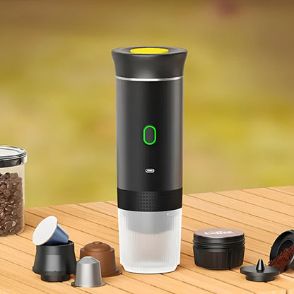 Espressor Portabil Premium 3-în-1 cu Auto-Încălzire, Presiune 20 Bari, Baterie 7500 mAh (USB-C)