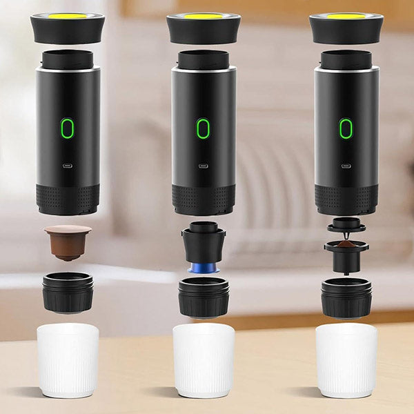 Espressor Portabil Premium 3-în-1 cu Auto-Încălzire, Presiune 20 Bari, Baterie 7500 mAh (USB-C)