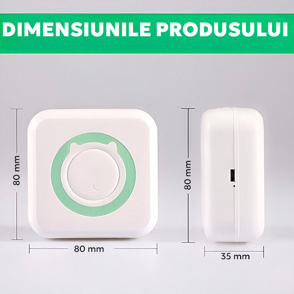 Set Mini-Imprimantă Termică Portabilă (13 Piese), Bluetooth APP Control, Fără Cerneală, Autonomie 1200 mAh