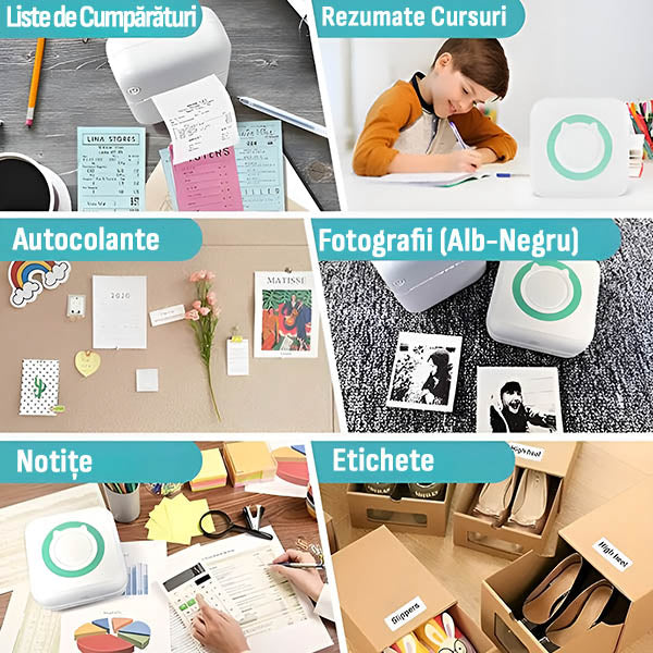 Set Mini-Imprimantă Termică Portabilă (13 Piese), Bluetooth APP Control, Fără Cerneală, Autonomie 1200 mAh