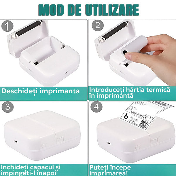 Set Mini-Imprimantă Termică Portabilă (13 Piese), Bluetooth APP Control, Fără Cerneală, Autonomie 1200 mAh