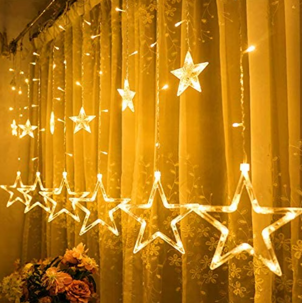 Perdea Luminoasă Crăciun, 12 Stele Interconectabile, 3 Metri, 8 Jocuri de Lumini (Alb Cald/Alb Rece)