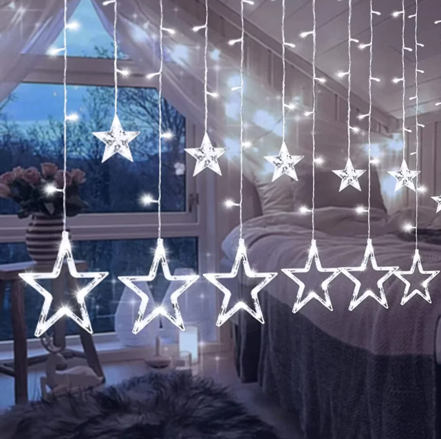 Perdea Luminoasă Crăciun, 12 Stele Interconectabile, 3 Metri, 8 Jocuri de Lumini (Alb Cald/Alb Rece)