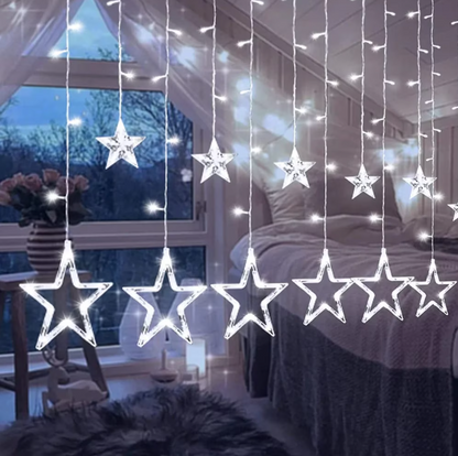 Perdea Luminoasă Crăciun, 12 Stele Interconectabile, 3 Metri, 8 Jocuri de Lumini (Alb Cald/Alb Rece)