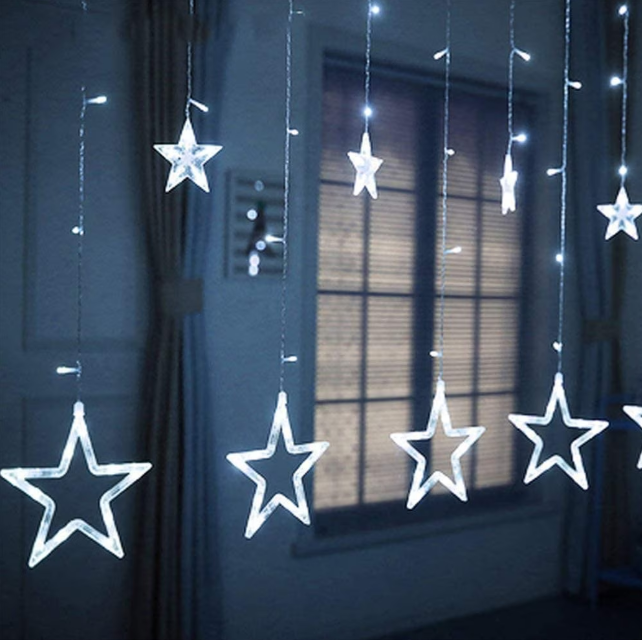 Perdea Luminoasă Crăciun, 12 Stele Interconectabile, 3 Metri, 8 Jocuri de Lumini (Alb Cald/Alb Rece)