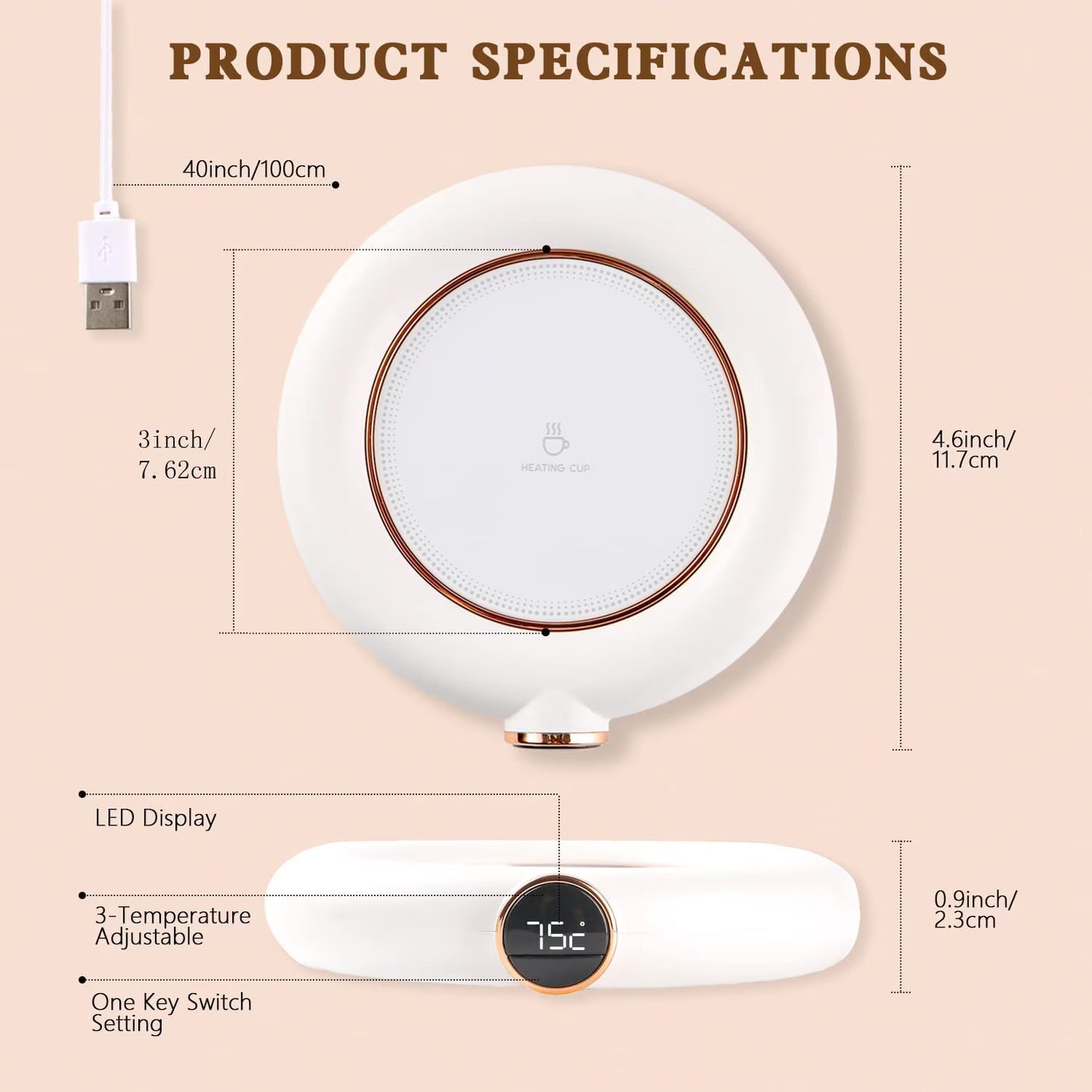 Încălzitor Ceașcă 3-în-1 Digital, Oprire Automată 8h, Temperatură Reglabilă (55 - 75 Grade Celsius), USB (Alb/Roz/Verde)