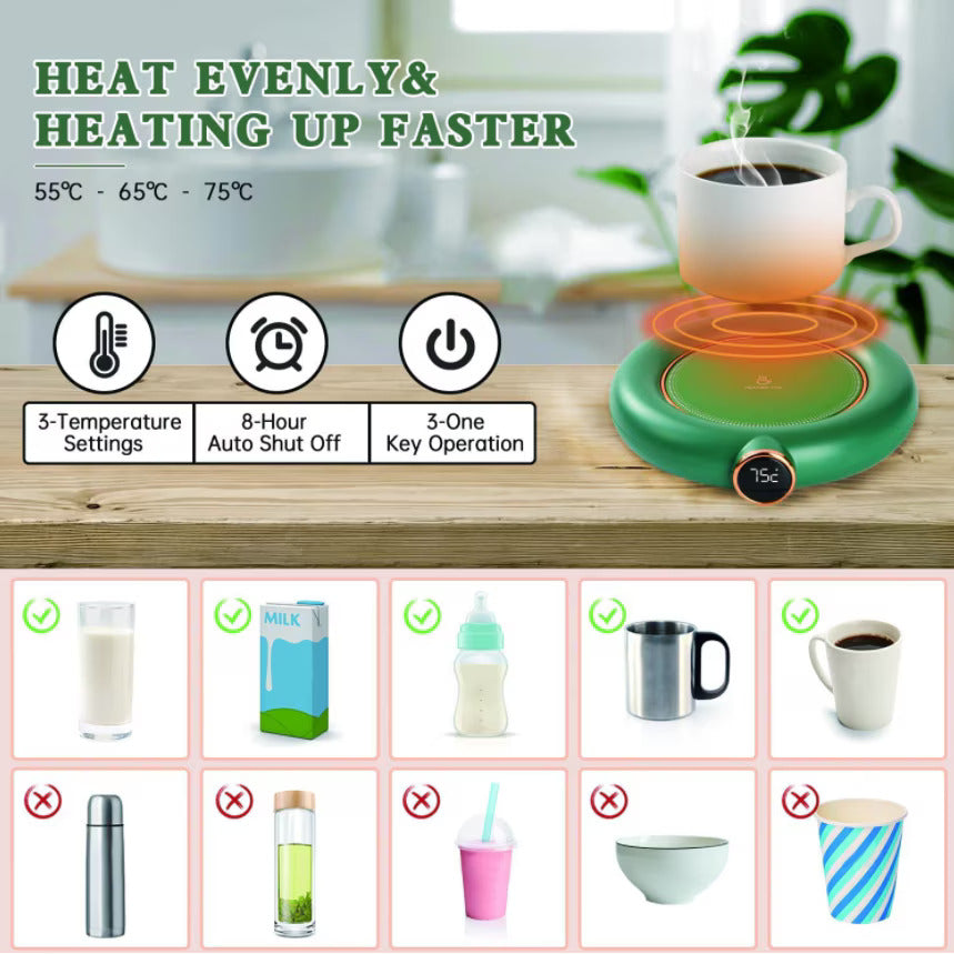 Încălzitor Ceașcă 3-în-1 Digital, Oprire Automată 8h, Temperatură Reglabilă (55 - 75 Grade Celsius), USB (Alb/Roz/Verde)
